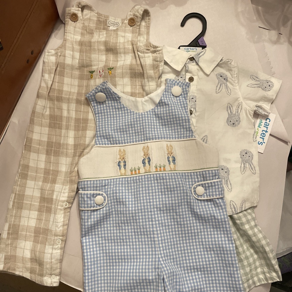 3 Outfits | 9-12 & 12 Month Boys Romper Overall Bunny Gingham Plaid Flannel